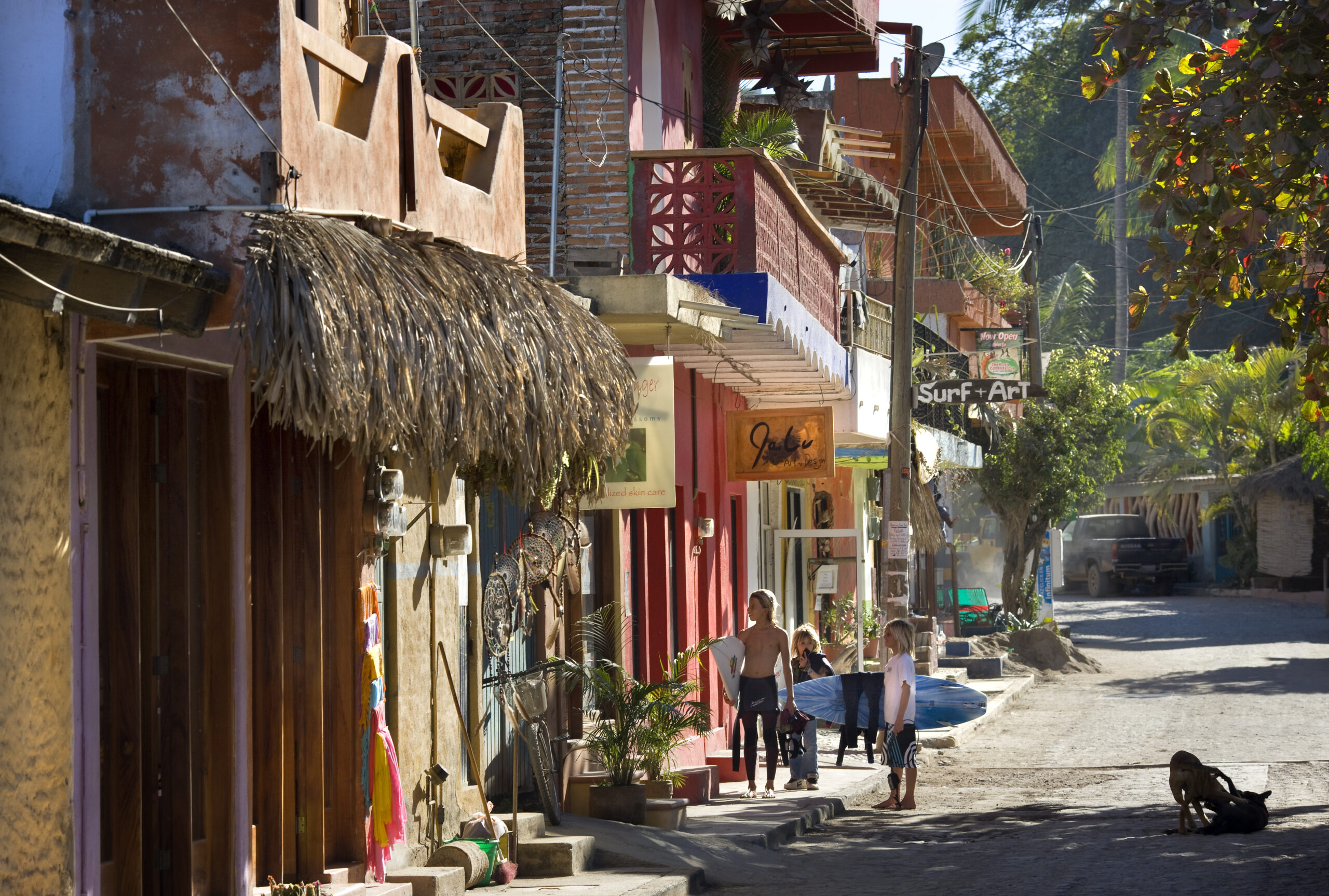 side street in Sayulita, surfers, shops